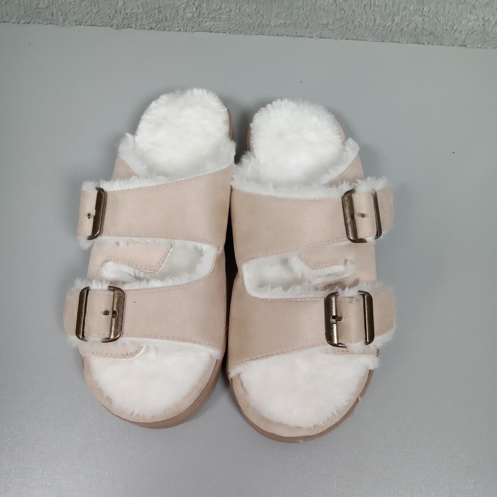 Kohl's Women Beige Faux Suede Fur Lined Double Buckle‎ Slide Slippers Size M 7-8